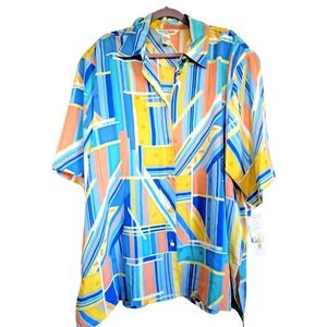Beverly Rose Miami‎ 5X Blouse Geomeric Pattern Blue/Yellow/Peach NWT